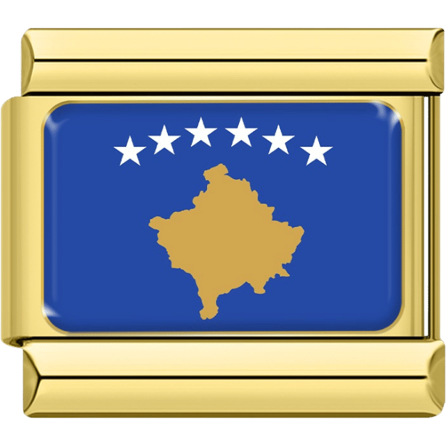 Italian charm with a gold frame featuring the blue Kosovo flag with a gold map silhouette and six white stars above it.